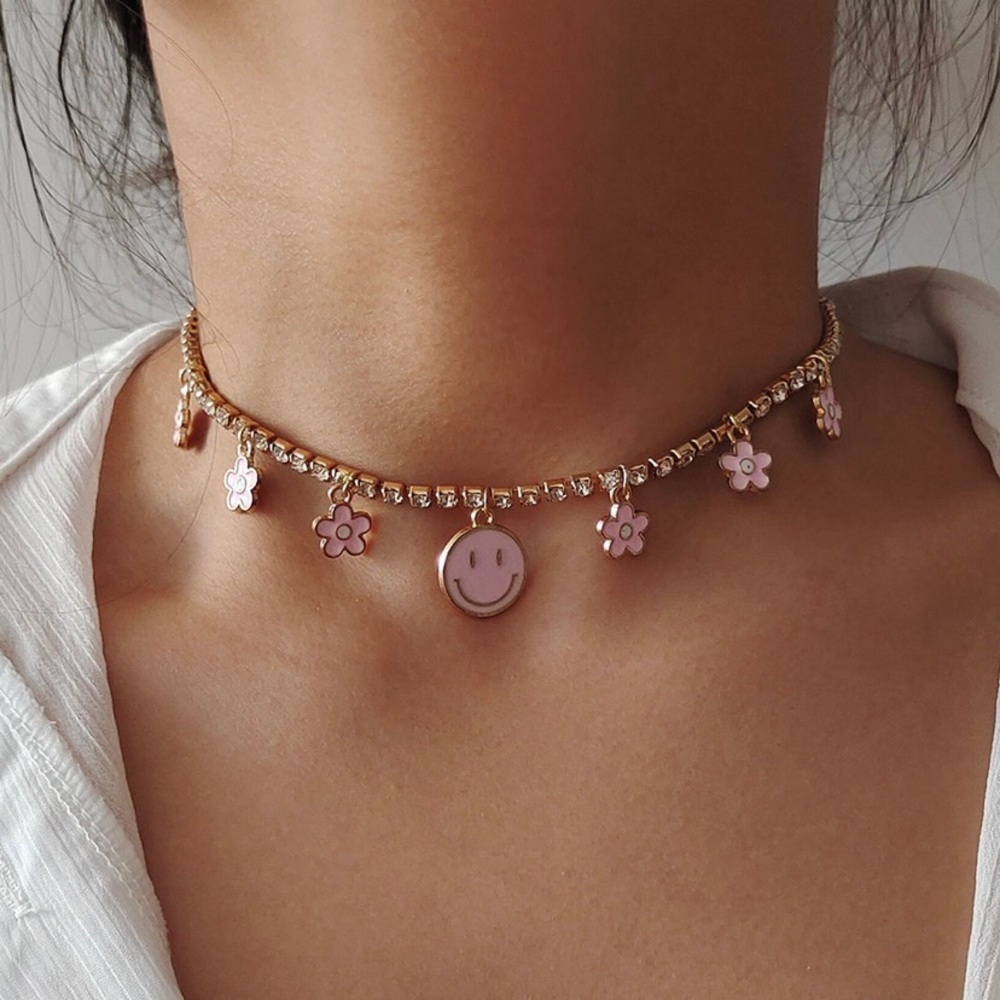 NEW!! Pink flower Daisy smiley face rhinestone choker necklace